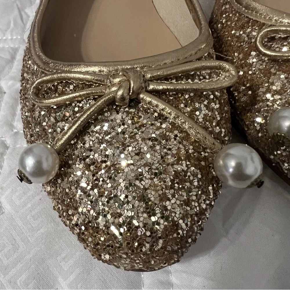 Kate Spade Ellio Ballet Flats Gold Beaded Bow Slip On Shoes 8.5